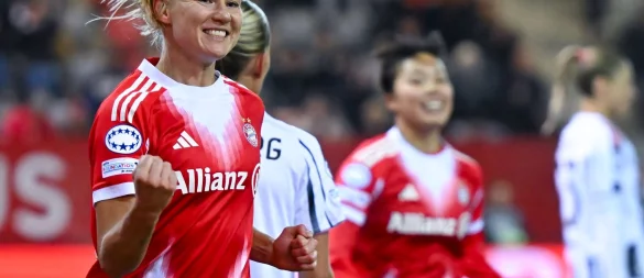 Pernille Harder traf per Kopf zum 1:0 für die Münchnerinnen. - © Sven Hoppe/dpa