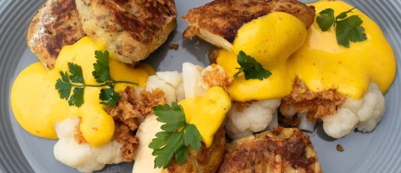 Maishähnchenbrust mit Blumenkohl und leuchtend gelber Safran-Kardamom-Sauce ist eine Kreation von Küchenchef Thomas Bucher aus dem Altenburger Land. - © Andreas Drouve/dpa-tmn