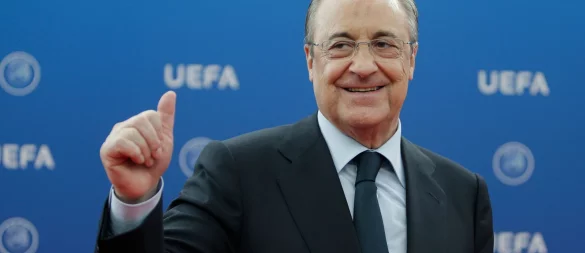 Nach einem weiteren juristischen Erfolg im Streit mit der UEFA um die Super League will Real Madrid unter Club-Präsident Florentino Perez Schadensersatz geltend machen. - © Claude Paris/AP/dpa