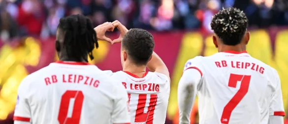 Christoph Baumgartner (RB Leipzig, M) jubelt nach seinem Treffer zum 1:0. - © Jennifer Brückner/dpa