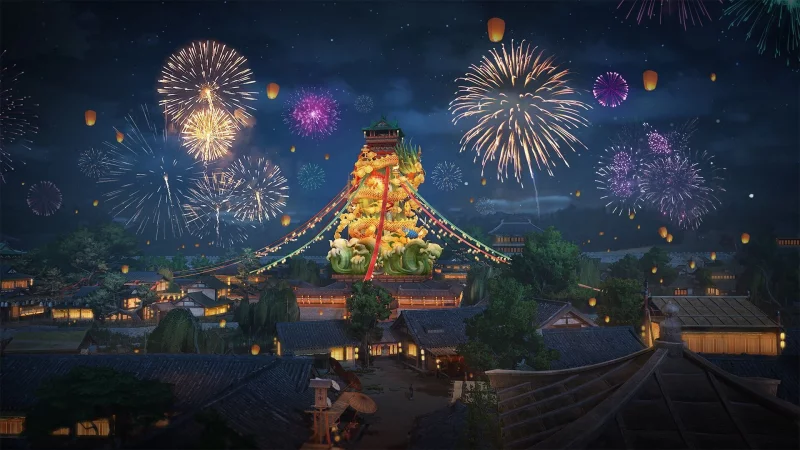 Ein farbenfrohes Feuerwerk erleuchtet die virtuelle Welt von „Where Winds Meet“. - © Everstone Studio