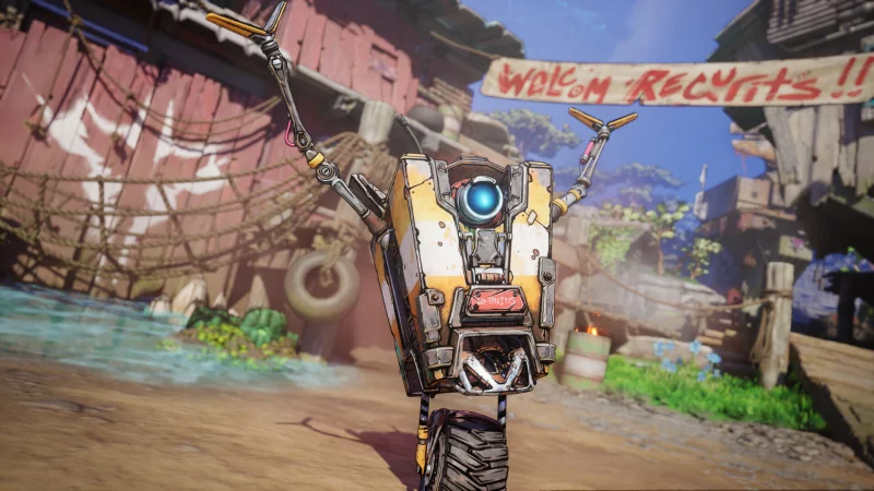 Claptrap, der freundliche Roboter, begr&uuml;&szlig;t uns gl&uuml;cklich als neuer Rekrut. Wir d&uuml;rfen ihm direkt mit einem riesigen kaputten Aufzug helfen. - &copy; Gearbox Software