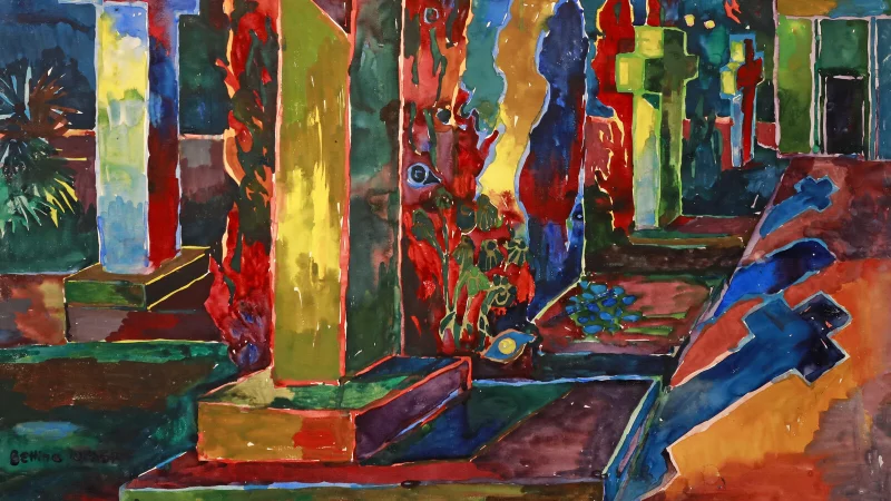 Das Gemälde von Bettina Heinen-Ayech zeigt "Brennende Kreuze im Tessin". - © Daniela Tobias