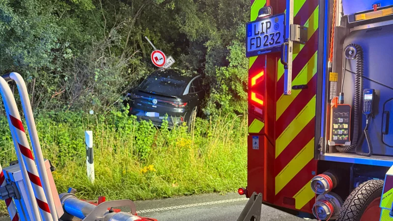 Ein Auto kommt am Dienstagabend von der Nordstra&szlig;e ab und landet im Geb&uuml;sch. - &copy; Feuerwehr Detmold / Rieks