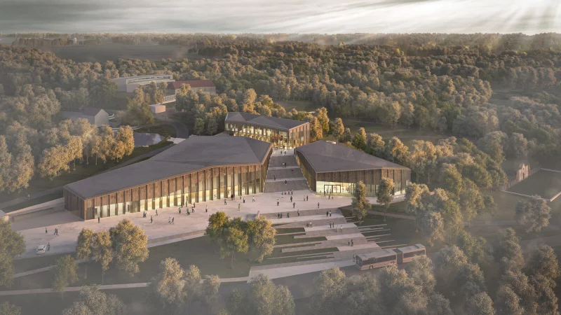 Das neue Eingangs- und Ausstellungsgebäude hat drei Baukörper, die aus dem Boden emporragen. Tatsächlich sind diese unterirdisch aber miteinander verbunden. - © LWL/AVP Group