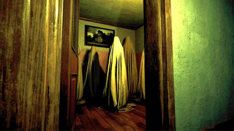 Unheimliche Pr&auml;senz: Im Spiel Apartment No 129 begegnet man in einem Raum diesen gespenstischen Figuren. - &copy; Axyos Games