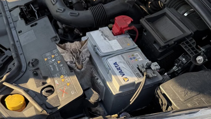 Gem&uuml;tlich sitzt der Stubentiger im Motorraum des Renaults. Er ist ein kleines St&uuml;ckchen aus der Innenstadt bis zur Bahnhofstra&szlig;e mitgefahren, ehe andere Verkehrsteilnehmer das Tier unter dem fahrenden Wagen entdecken. - &copy; Feuerwehr Bad Salzuflen