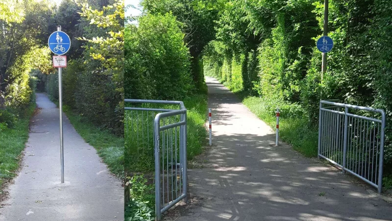 Das Rad/Gehweg-Schild an der Buttergasse (links) führte früher zu gefährlichen Situationen und ist jetzt durch seitlich platzierte Poller ersetzt (rechts). - © Wilhelm Grabbe/ADFC Lippe