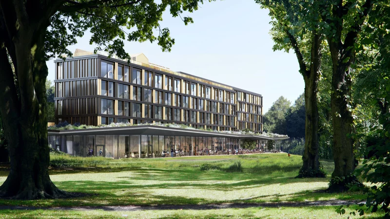 So soll das neue Thermenhotel zur Seite des Landschaftsgartens hin aussehen. Die Er&ouml;ffnung ist f&uuml;r Fr&uuml;hjahr 2027 geplant. - &copy; Kannewischer Collection