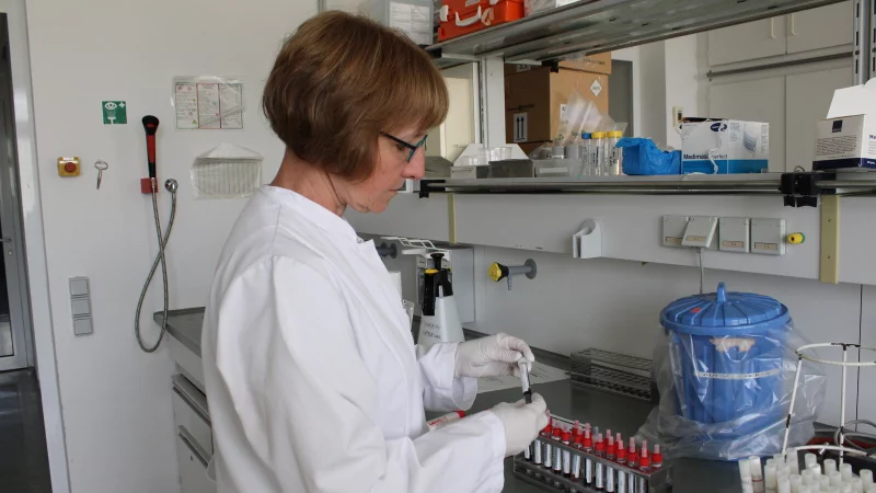 Dr. Silvia Blahak prüft im Labor des CVUA-OWL anhand einer Blutprobe, ob ein Tier an einer Seuche erkrankt ist. - © Chiara Wibbeke