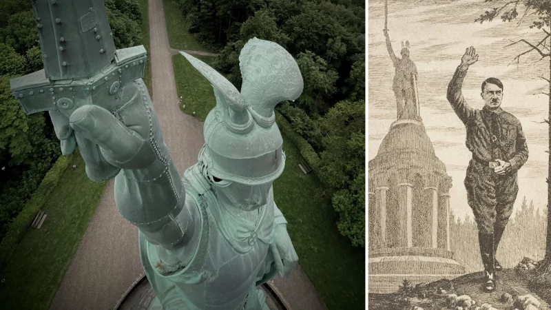Das Hermannsdenkmal, ein umk&auml;mpftes Symbol: Links die monumentale Statue auf der Grotenburg, rechts eine historische Darstellung mit politischer Vereinnahmung. - &copy; Nicole Ellerbrake/Lippisches Landesmuseum
