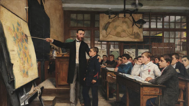 Frankreich sinnt auf Rache: W&auml;hrend in Lippe das Hermmansdenkmal eingeweiht wird und der nationale Triumph &uuml;ber Frankreich im Deutsch-Franz&ouml;sischen Krieg gefeiert wird, bildet sich in der geschlagenen Grande Nation ein ausgesprochener Revanchismus aus, symbolisiert in dem Bild "Die Geographie-Stunde" aus dem Jahr 1887 des franz&ouml;sischen Malers Albert Bettannier. Der Lehrer zeigt auf die verlorenengeangenen Provinzen Elsass und Lothringen, die einen schwarzen Fleck auf der Landkarte bilden. Sie sollen zur&uuml;ckgeholt werden &ndash; der n&auml;chste Akt in der "Erbfeindschaft", umgesetzt 1914-1918. - &copy; Wikimedia