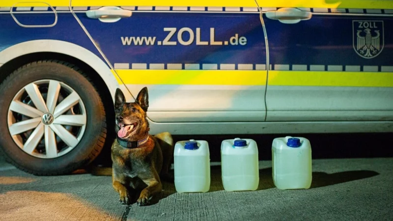 Zollhündin „Lieschen Müller“ erschnüffelte in 2024 unter anderem 15 Liter flüssiges Amphetamin in einem Reisebus. - © Hauptzollamt Bielefeld