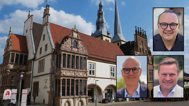 Wer schafft es ins Rathaus? Dr. Burkhard Pohl (Grüne) und Alexander Baer (SPD) fordern Amtsinhaber Markus Baier (parteilos) heraus. - © Alte Hansestadt Lemgo, Katrin Kantelberg, Montage: Anja Friebe