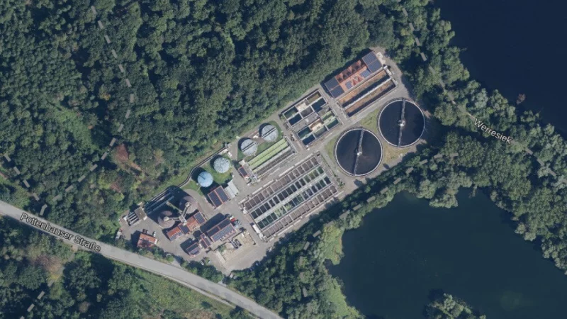 Das Klärwerk Lage an der Pottenhauser Straße aus der Vogelperspektive. - © Tim-online/Geobasisdaten NRW