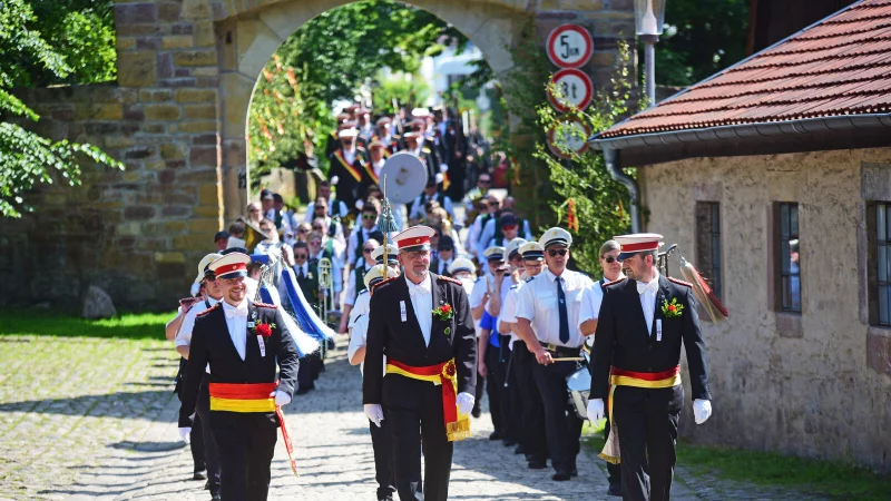 Die Braker Schützen marschieren am Schloss vorbei. - © Nicole Ellerbrake