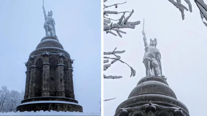 Das Hermannsdenkmal erscheint in wei&szlig;er Pracht: Der erste Schnee ist in Lippe gefallen. - &copy; Landesverband Lippe
