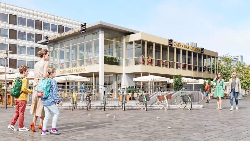 Die Visualisierung der zuk&uuml;nftigen "Caf&eacute; & Bar Celona" am Jahnplatz gilt noch als Entwurf: Die finalen Farben und Materialien der neuen Fassade werden noch abgestimmt. - &copy; Visualisierung: Celona GmbH