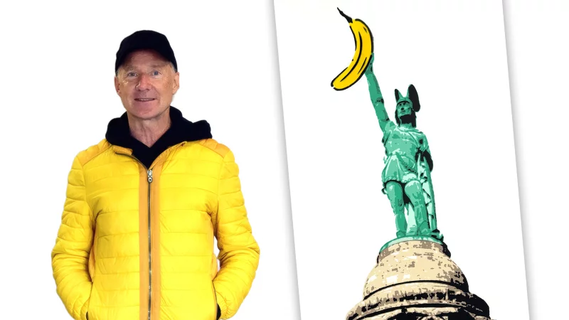 Thomas Baumg&auml;rtel hat auch dem Hermannsdenkmal seine ber&uuml;hmte Banane verpasst. - &copy; Mache Stiftung / Montage: Daniel Bobe