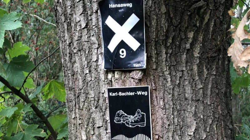 Wegmarken weisen auf die Rundwege Karl-Bachler-Weg und den Wanderweg 1 hin. Dar&uuml;ber sieht man einen Wegweiser f&uuml;r den Hansaweg. - &copy; Sven Kienscherf