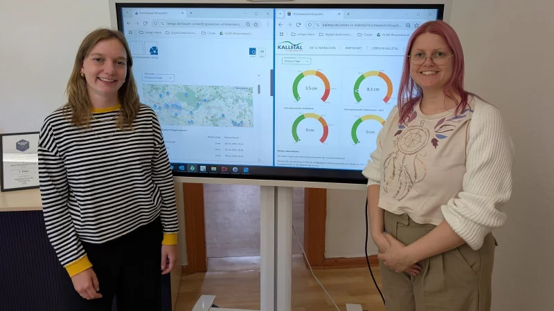 Live-Daten aus Lemgo und Kalletal, die das Risiko durch Hochwasser und Starkregen greifbarer machen: Nicole Baeumer (links, Projektleiterin digital.interkommunal) und Werksstudentin Rena Lüssel, erklären, was Nutzer hier ablesen können. - © Annika Langhagel