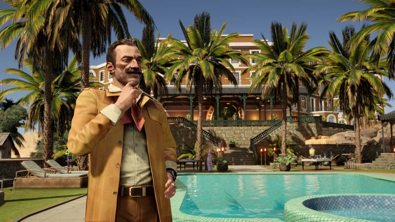 Ein Hauch von Nostalgie: Der ber&uuml;hmte und beste Detektiv der Welt, Hercule Poirot, genie&szlig;t in Agatha Christie: Tod auf dem Nil die luxuri&ouml;se Kulisse einer Villa in den 1970er Jahren. - &copy; Microids