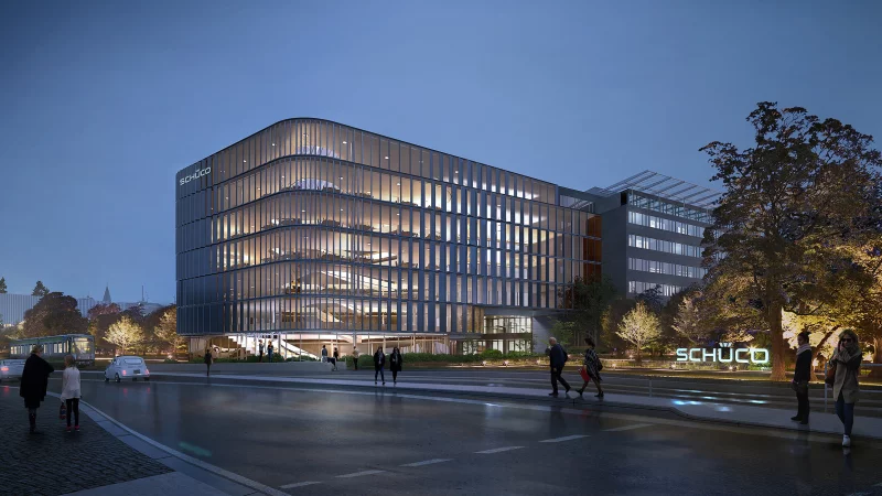 Der Bielefelder Fenster- und T&uuml;renspezialist Sch&uuml;co hat seine Mitarbeiter und Mitarbeiterinnen gestern in einer Betriebsversammlung &uuml;ber geplante Sparma&szlig;nahmen informiert. - &copy; Sch&uuml;co