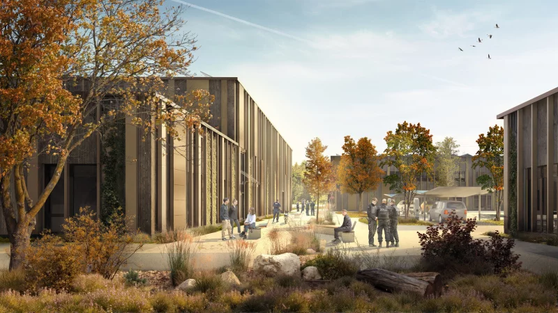 Eine Visualisierung zeigt, wie die neuen Zoll-Trainingszentren aussehen sollen. F&uuml;r den Bau verantwortlich ist das Bielefelder Unternehmen Goldbeck. - &copy; Bundesanstalt f&uuml;r Immobilienaufgaben