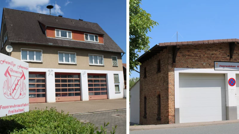 Die beiden Gerätehäuser in Humfeld (links) und Bega sind stark sanierungsbedürftig. Beide Wehren sollen künftig unter einem Dach zusammenrücken. - © Fotos: Lorraine Brinkmann/Montage: Oliver Wendtland