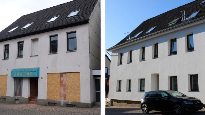 Das Gebäude Mittelstraße 32 vor und nach dem Umbau. Vorher befand sich im Erdgeschoss ein Ladenlokal, genauso wie es der Bebauungsplan einst vorsah. - © Fotos: Lorraine Brinkmann