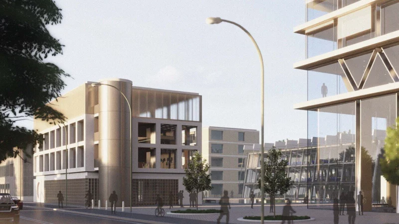 Dies ist der Entwurf von Felix Obermeier aus einem Studentenprojekt, wie sich die Ansicht des k&uuml;nfigen Campus von der Bielefelder Stra&szlig;e aus darstellen k&ouml;nnte. - &copy; Felix Obermeier