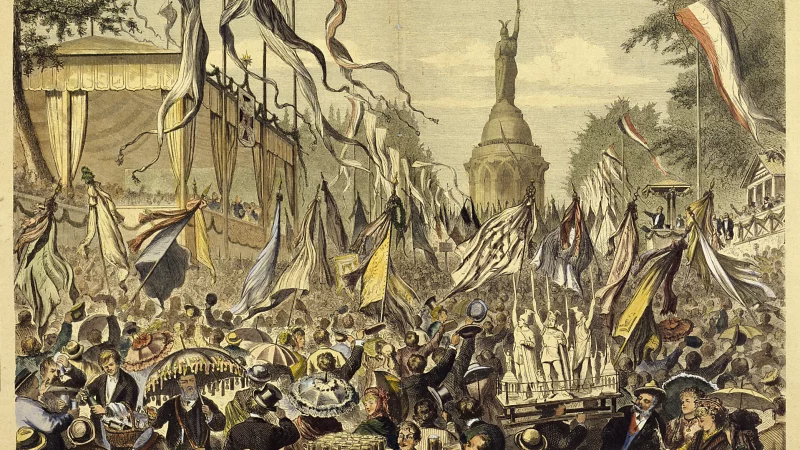 Der Stich, der im Lippischen Landesmuseum ausgestellt ist, zeigt den Trubel zur Einweihungsfeier des Hermannsdenkmals am 16. August 1875. - © Lippisches Landesmuseum