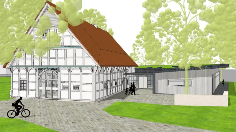 So sollen sich das "Haus" und der eingeschossige Kita-Anbau (rechts) künftig von der Max-Planck-Straße aus präsentieren. - © "b44 architekten"