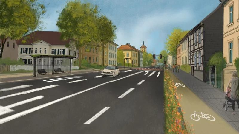 Die Hornsche Stra&szlig;e soll auf dem Abschnitt zwischen "Neustadt" und Leopoldstra&szlig;e (hinten links) k&uuml;nftig vierspurig sein. Links ist eine neue Bishaltestelle zu sehen, rechts der Rad- und der Gehweg. - &copy; Stadt Detmold