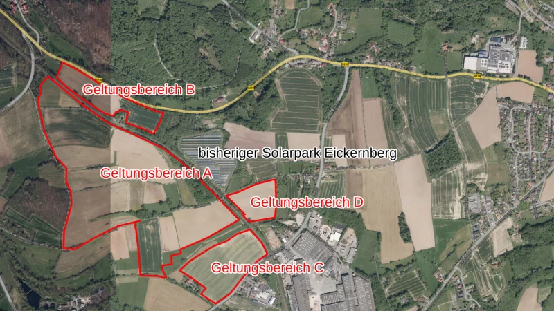 Die Karte zeigt die verschiedenen Geltungsbereiche des Flächennutzungsplans bei Wilberg (oben rechts: Staatlich Bad Meinberger). Diese 53,7 Hektar sind bisher als landwirtschaftliche Fläche festgelegt und sollen künftig ein "Sondergebiet regenerative Energienutzung / Photovoltaik" werden. - © Geodaten NRW/TIM-Online
