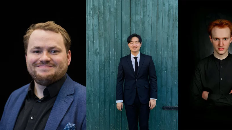 Benjamin Huth, Seong-Bin Oh und Julius Ruben Lenz (von links) gestalten ein Konzert mit Werken von Johann Sebastian Bach, William Walton und Paul Hindemith. - © Bildrechte: HfM