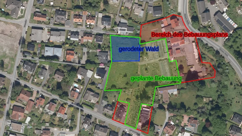 F&uuml;r das rot markierte Gebiet zwischen Paul-Nipkow-Weg (oben links), Hiddeser Stra&szlig;e (rechts) und Heidebachstra&szlig;e (unten) soll ein Bebauungsplan erstellt werden, damit auf den Freifl&auml;chen und anstelle einiger alter Gew&auml;chshauser der G&auml;rtnerei Le&szlig;mann 14 Einfamilienh&auml;user gebaut werden k&ouml;nnen. - &copy; Geodaten NRW/TIM-Online
