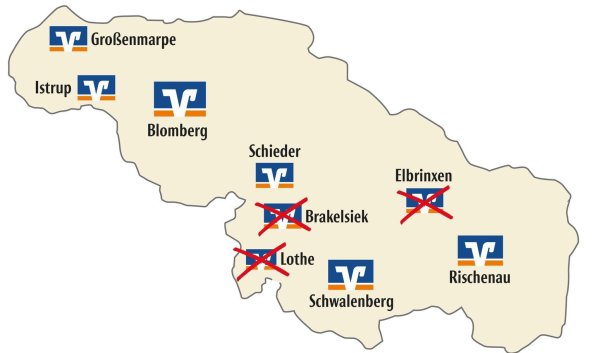 Die Volksbank Ostlippe wird drei Filialen im lippischen Südosten schließen. Dank einer Kooperation mit der Sparkasse Paderborn-Detmold werden Kunden dennoch kostenfrei Bargeld in der Nähe abheben können. - © Karte: Volksbank Ostlippe