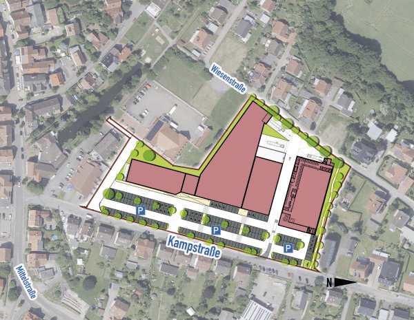 Der Lageplan zeigt, wie das Fachmarktzentrum in der Kampstraße aussehen soll. Auf einer Gesamtfläche von 18.300 Quadratmetern sollen ein Vollsortimenter, ein Discounter, eine Drogerie, ein Getränkemarkt und ein Textilgeschäft entstehen.
- © Land NRW (2019) / Zeichnung: halsdorfer + ingenieure projekt gmbh / Montage: Oliver Wendtland