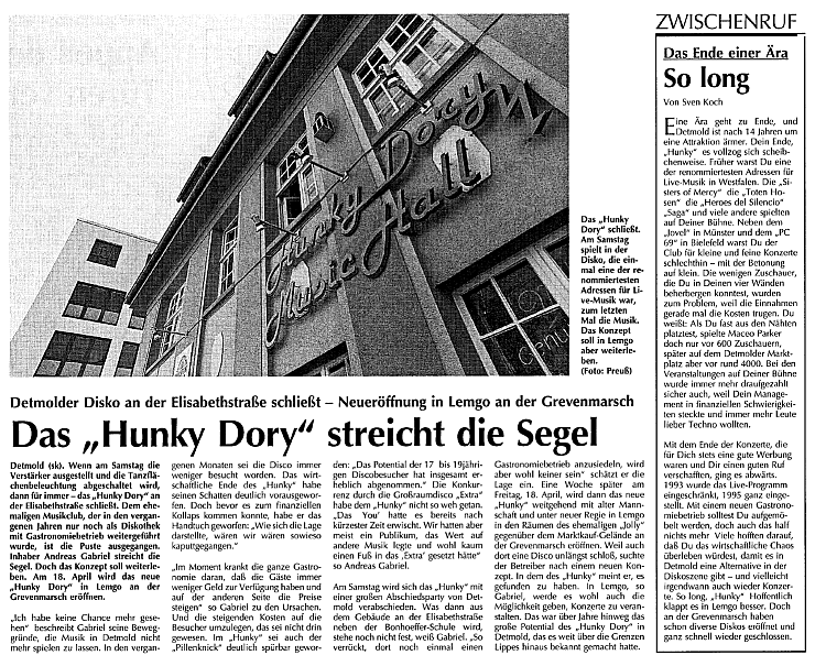 Bis 1997 gab es das Hunky Dory in Detmold. - © Preuss/LZ-Archiv