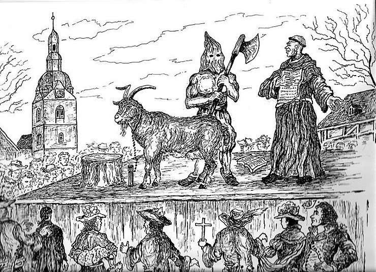 Öffentliche Hinrichtung: Durch den Scharfrichter sollte das Böse, das sich auch in einem Ziegenbock zeigen konnte, auf dem Detmolder Marktplatz aus der Welt geschafft werden. - © Zeichnung: Rolf-Dieter Jendretzky