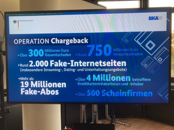 Informationen zu "Operation Chargeback" sind im Rahmen einer Pressekonferenz beim BKA auf einem Bildschirm zu sehen. - © Jens Albes/dpa