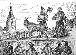 &Ouml;ffentliche Hinrichtung: Durch den Scharfrichter sollte das B&ouml;se, das sich auch in einem Ziegenbock zeigen konnte, auf dem Detmolder Marktplatz aus der Welt geschafft werden. - &copy; Zeichnung: Rolf-Dieter Jendretzky
