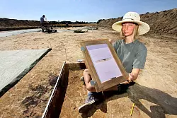 Die Arch&auml;ologiestudentin Sina Schwetje (25) aus Bad Oeynhausen zeichnet das Profil einer Grabstelle auf dem Scheidkamp. Bis zum 31. Juli verlassen die Arch&auml;ologen die k&uuml;nftige Hermes-Gro&szlig;baustelle. - &copy; FOTO: ULF HANKE/ MONTAGE: THOMAS GRUNDMANN