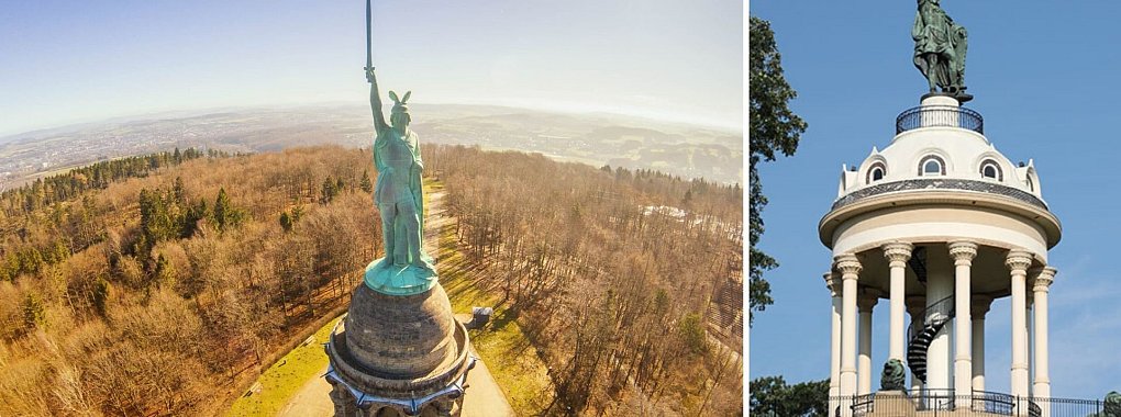 Großer und kleiner Bruder: Einsiedler in den USA legen 1988 den Grundstein für ein eigenes Hermannsdenkmal (rechts). Heute ist es ist in New Ulm, Minnesota zu sehen. - © Torben Gocke/Hermann Heights Society