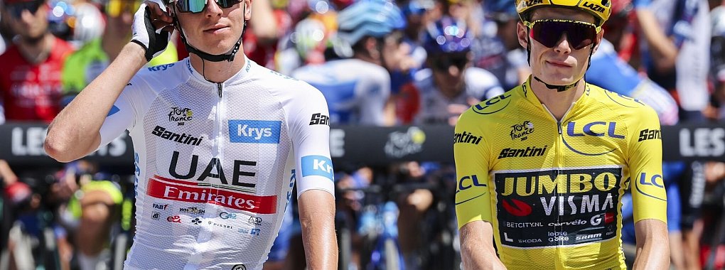 Tadej Pogacar (l) ist der gro&szlig;e Favorit f&uuml;r die Tour de France. Ob Titelverteidiger Jonas Vingegaard (r) bei der Frankreich-Rundfahrt am Start ist, steht noch nicht fest. - &copy; David Pintens/Belga/dpa