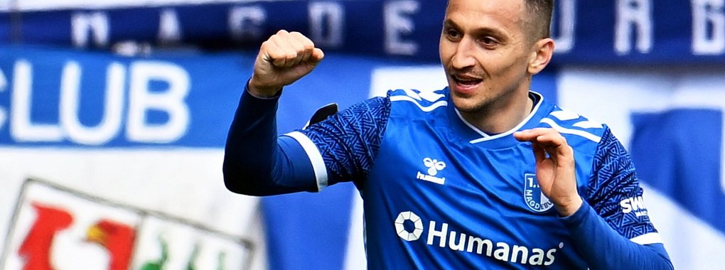 Magdeburgs Baris Atik jubelt über sein Tor zum 2:0. - © Swen Pförtner/dpa