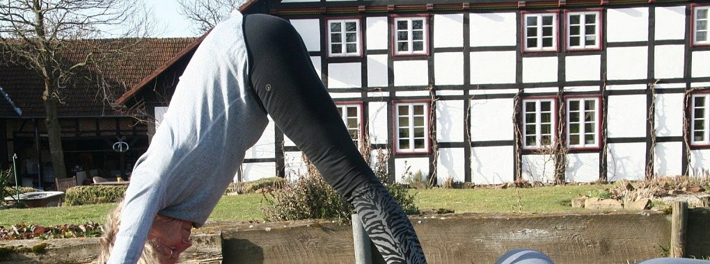 Elke Feldmann in Aktion: Diese Yoga-Übung heißt "Herabschauender Hund". Dabei werden viele Körpeteile gleichzeitig gestärkt und vor allem Wirbelsäule und Nacken gedehnt. Richtig ausgeführt, soll die Übung gegen Rücken- und Kopfschmerzen und Verspannungen helfen. - © Yannick Sonntag