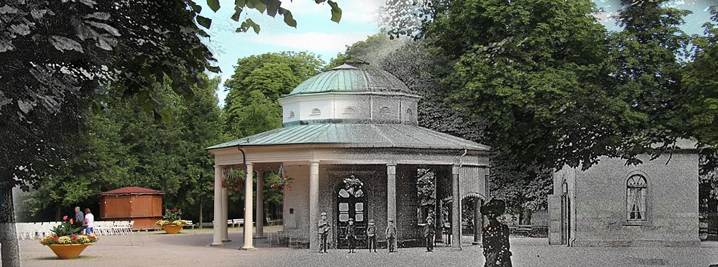 Bei dieser Ansicht des Brunnentempels im Kurparks sind zwei Bilder übereinandergelegt worden. Rechts sind Szenen aus dem Beginnenden 20. Jahrhundert zu sehen. Der linke Teil zeigt eine erst kürzlich entstandene Aufnahme, auf der auch die Stühle der Musikmuschel zu erkennen sind. - © Carolin Brokman, Montage: Maren Brettmeier