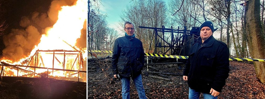 Wie es zu dem Feuer kommen konnte, ist bislang unklar.  Arne Brand (rechts), allgemeiner Vertreter des Landesverbandsvorstehers, und Dr. Michael Zelle, Leiter des Lippischen Landesmuseums in Detmold, stehen am Morgen danach fassungslos vor vor der Ruine der Bandelhütte.  - © Polizei Lippe/Janet König